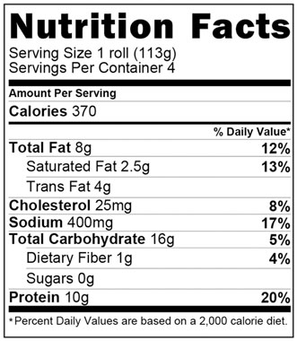 Traditional Sausage Rolls 454g (16oz) Nutrition Facts